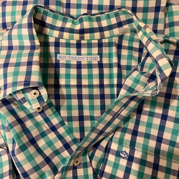 🆕 Southern Tide Gingham Button Down Shirt - White w/ Blue & Green - Picture 13 of 13
